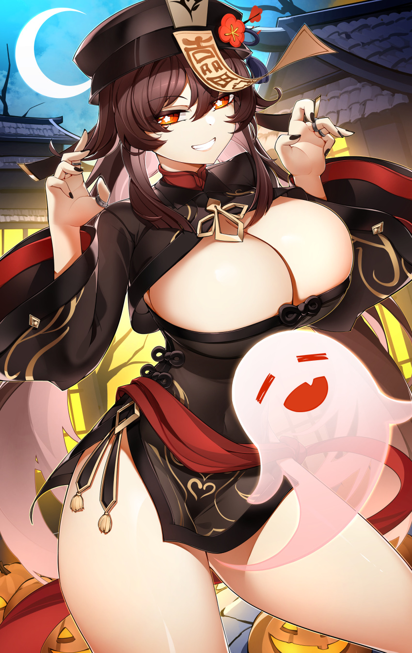 1girl alternate_breast_size bangs black_coat black_headwear black_shorts blush boo_tao_(genshin_impact) breast_expansion breasts brown_hair casul cleavage cleavage_cutout clothing_cutout coat coattails flower genshin_impact ghost hat hat_flower highres hu_tao_(genshin_impact) large_breasts long_hair long_sleeves looking_at_viewer plum_blossoms red_eyes shorts symbol-shaped_pupils thighs twintails very_long_hair