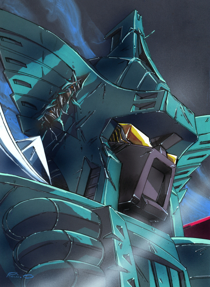damaged decepticon highres king_poseidon looking_up marble-v mecha portrait robot science_fiction signature solo transformers transformers_super-god_masterforce wiring yellow_eyes