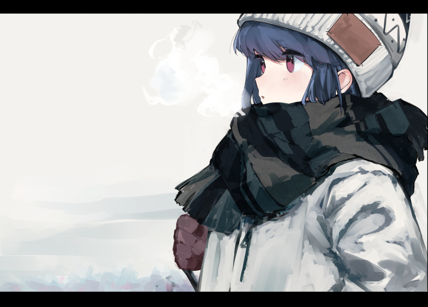 1girl absurdres beanie blue_hair breath brown_gloves from_side gloves hat highres jacket leadin_the_sky letterboxed looking_away multicolored_clothes multicolored_scarf open_mouth purple_eyes scarf shima_rin solo upper_body white_jacket winter_clothes yurucamp zipper