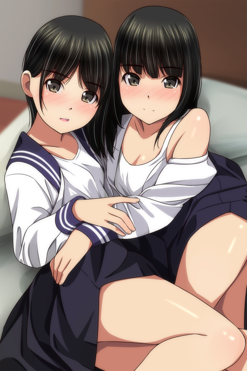 2girls absurdres black_hair black_skirt blurry blurry_background blush breasts brown_eyes cleavage closed_mouth highres long_sleeves looking_at_viewer matsunaga_kouyou multiple_girls original parted_lips school_uniform shirt short_hair sitting skirt small_breasts smile thighs white_shirt