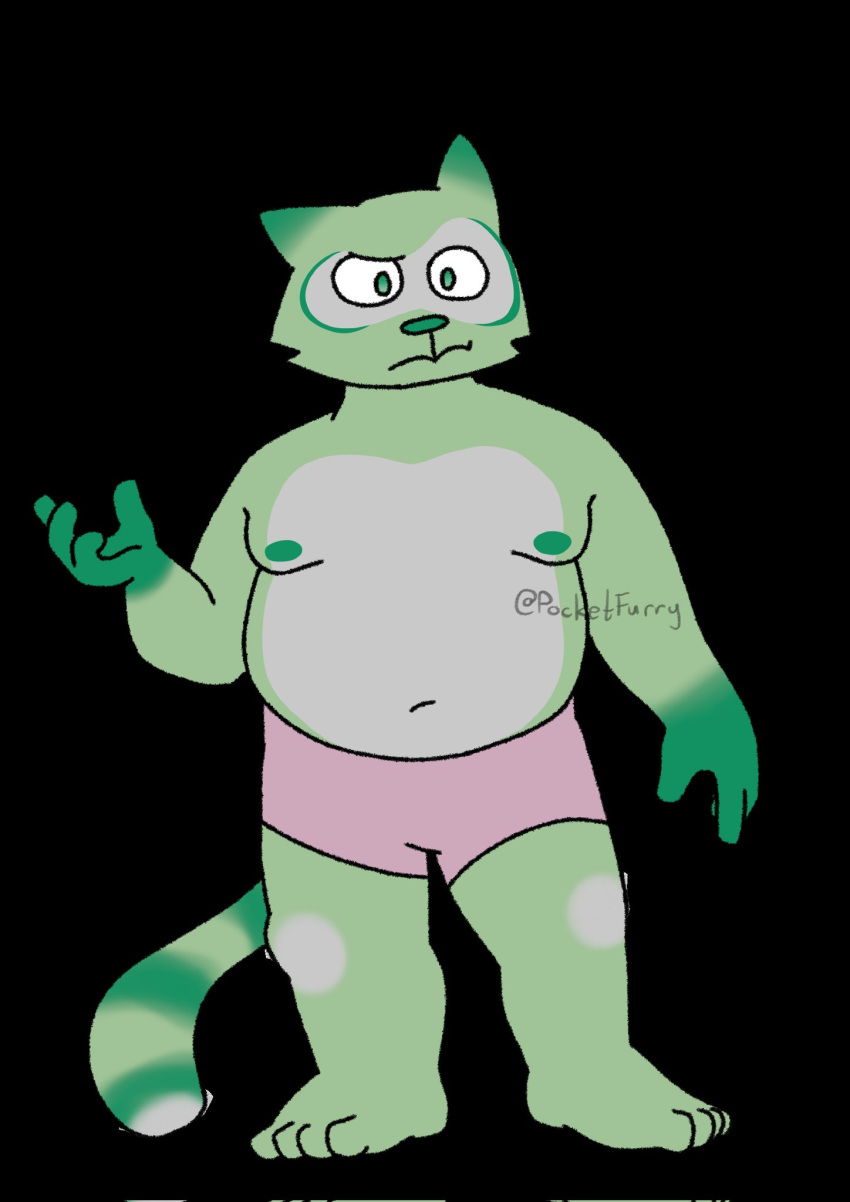 4_fingers 4_toes anthro bent_arm bottomwear clothing confusion digital_media_(artwork) feet fingers fred_(fredrick_brennan) front_view fur green_body green_fur hi_res looking_at_viewer male mammal mouth_closed navel nipples pocketfurry procyonid raccoon shorts solo standing toes