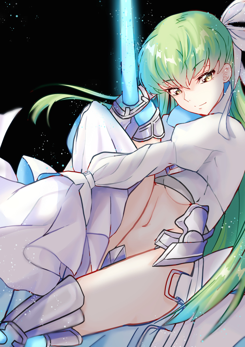 1girl absurdres bangs black_background bow breasts budgiepon c.c. closed_mouth code_geass fate/grand_order fate_(series) green_hair hair_between_eyes hair_bow highres holding holding_weapon long_hair looking_at_viewer meltryllis_(fate) navel shiny shiny_hair sketch sleeves_past_fingers sleeves_past_wrists small_breasts smile solo underboob very_long_hair weapon white_bow yellow_eyes