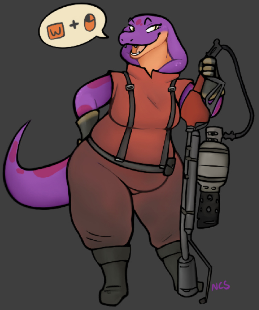 2022 anthro boots chubby_anthro chubby_female clothed clothing cobra cosplay eyebrows fangs female flamethrower footwear gloves handwear hi_res keeshee ncs open_mouth pictographics purple_body purple_tail pyro_(team_fortress_2) ranged_weapon reptile scalie snake snake_hood solo speech_bubble standing team_fortress_2 valve video_games weapon yellow_eyes