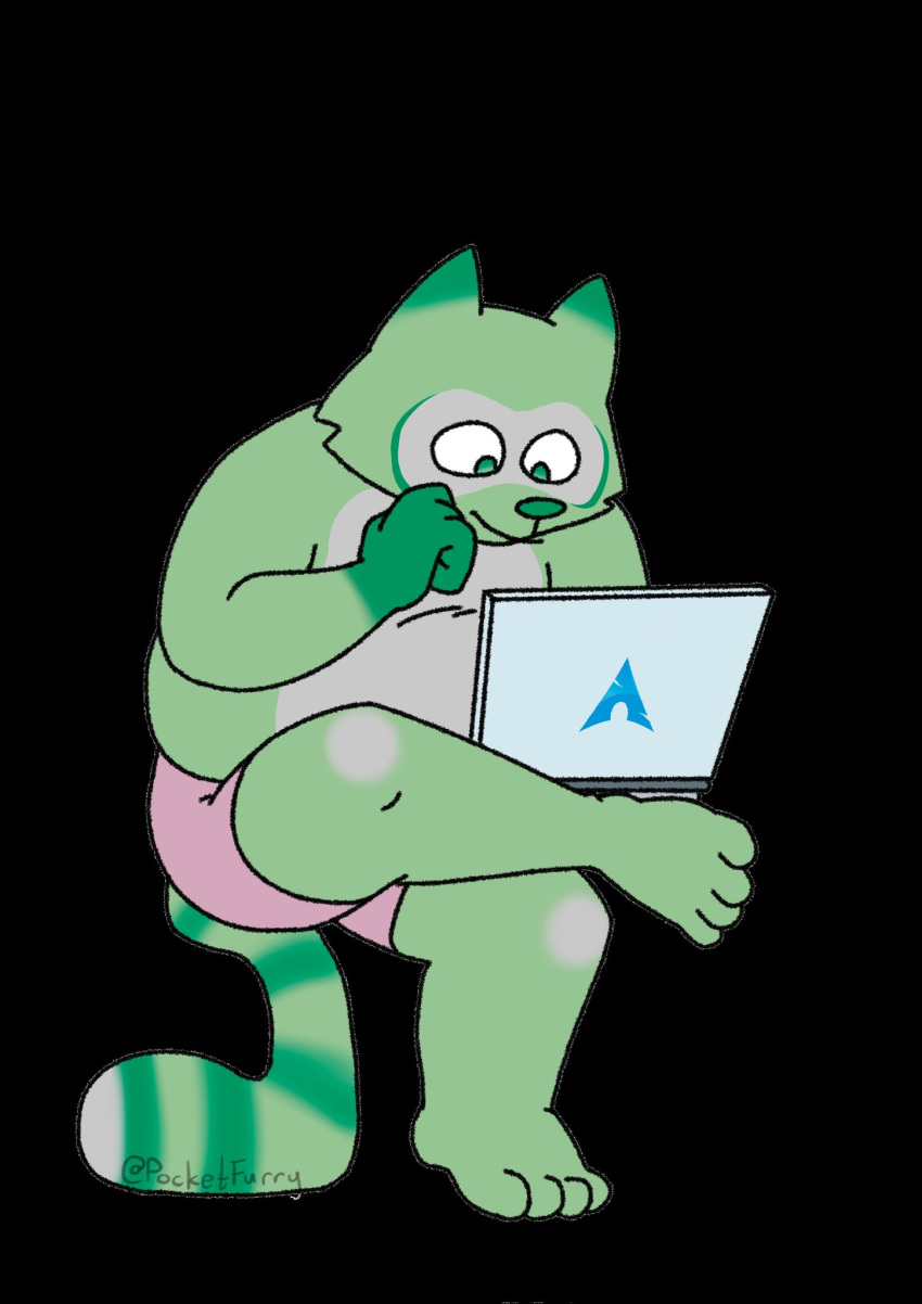 4_fingers 4_toes anthro bottomwear chubby_anthro chubby_male clothing computer digital_media_(artwork) english_text feet fingers fred_(fredrick_brennan) fur green_body green_fur hi_res laptop male mammal mouth_closed pocketfurry procyonid raccoon shorts sitting slightly_chubby solo text toes