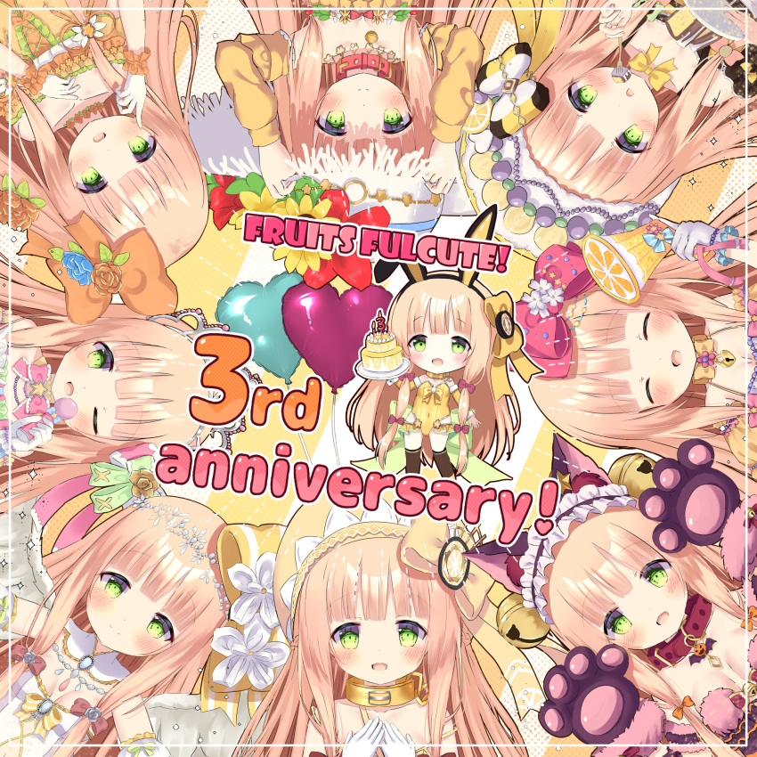 6+girls :d ;d ^_^ animal_ears animal_hands anniversary bangs bare_shoulders black_gloves black_hairband black_thighhighs blush bow breasts brown_bow brown_hair cake chibi closed_eyes collar collarbone copyright_name covered_navel dress food fork frilled_dress frilled_hairband frills fruits_fulcute! fur-trimmed_gloves fur_trim gloves green_eyes hair_bow hairband hands_up highres holding holding_fork holding_microphone lemon_(fruits_fulcute!) leotard long_hair microphone multiple_girls one_eye_closed over-kneehighs parted_lips paw_gloves rabbit_ears red_collar siera_(sieracitrus) small_breasts smile thighhighs very_long_hair white_dress white_gloves yellow_bow yellow_collar yellow_leotard