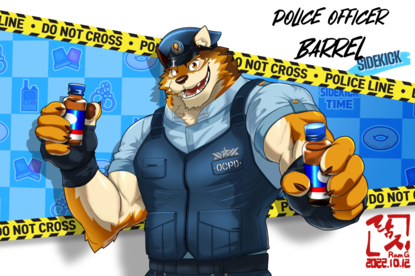 anthro barrel_(live-a-hero) canid canine canis clothing hi_res lifewonders live-a-hero male mammal muscular muscular_anthro muscular_male musfetman police_hat police_officer police_uniform smile solo uniform video_games wolf