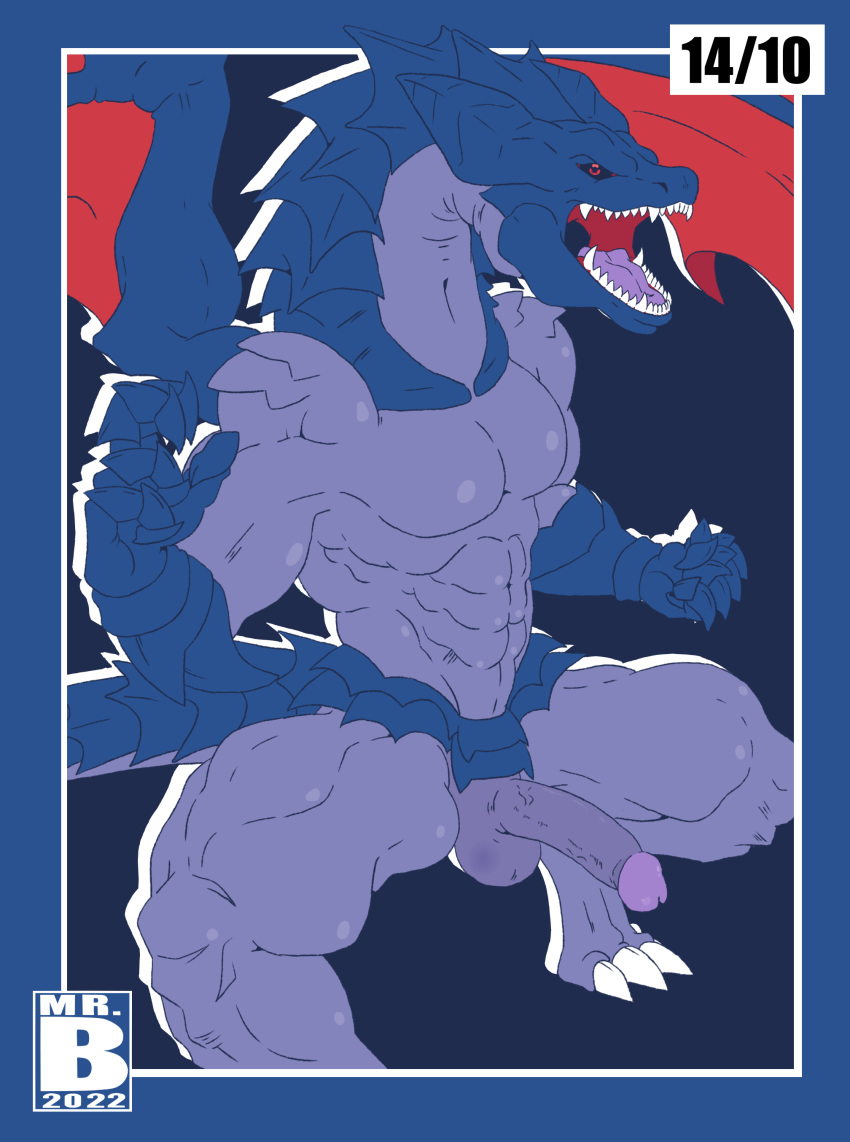 2022 abs absurd_res anthro balls big_penis bloody_roar claws dragon genitals hi_res humanoid_genitalia humanoid_penis lizard male membrane_(anatomy) membranous_wings mr.brapion muscular muscular_anthro muscular_male nude open_mouth pecs penis reptile roaring ryoho scalie sharp_teeth solo teeth wings