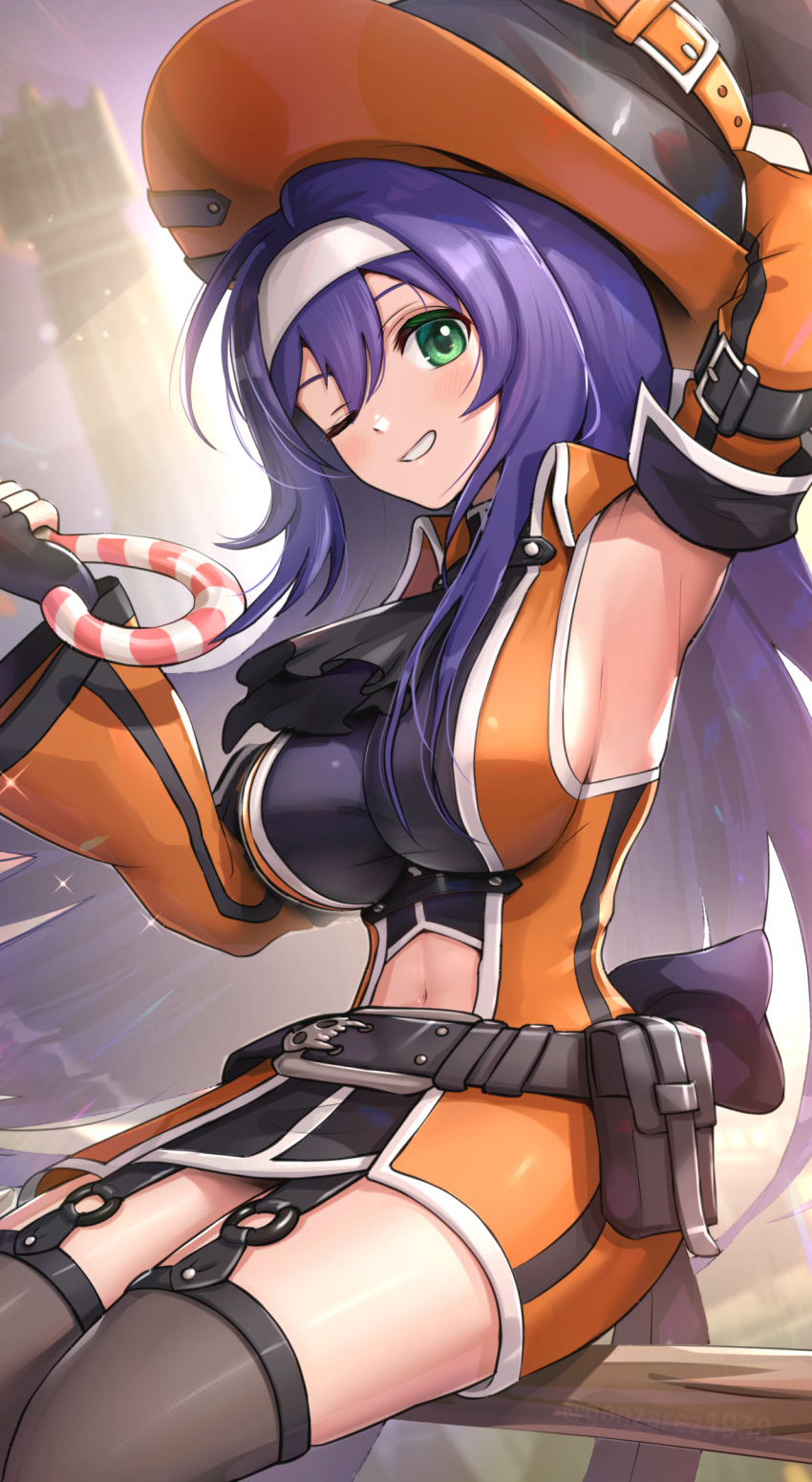 1girl ;d absurdres alternate_costume armpits black_gloves breasts broom broom_riding clothing_cutout detached_sleeves fingerless_gloves fire_emblem fire_emblem:_path_of_radiance fire_emblem_heroes garter_straps gloves gonzarez green_eyes grin hair_between_eyes halloween halloween_costume hat highres long_hair looking_at_viewer medium_breasts mia_(fire_emblem) midriff_peek navel navel_cutout official_alternate_costume one_eye_closed open_mouth purple_hair sideboob simple_background smile solo sword thighhighs very_long_hair weapon white_background witch witch_hat