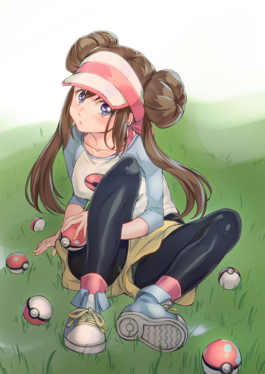 1girl absurdres bangs black_pantyhose blue_eyes blue_footwear blue_sleeves breasts brown_hair collarbone commentary_request dot_nose double_bun doughnut_hair_bun full_body grass hair_bun hat highres holding legs_folded long_sleeves looking_at_viewer nail_polish outdoors panties panties_under_pantyhose pantyhose pantyshot parted_lips poke_ball pokemon pokemon_(game) pokemon_bw pokemon_bw2 raglan_sleeves rosa_(pokemon) shadow shoes shorts sitting sneakers solo spread_legs twintails underwear visor_cap wochi yellow_nails yellow_shorts