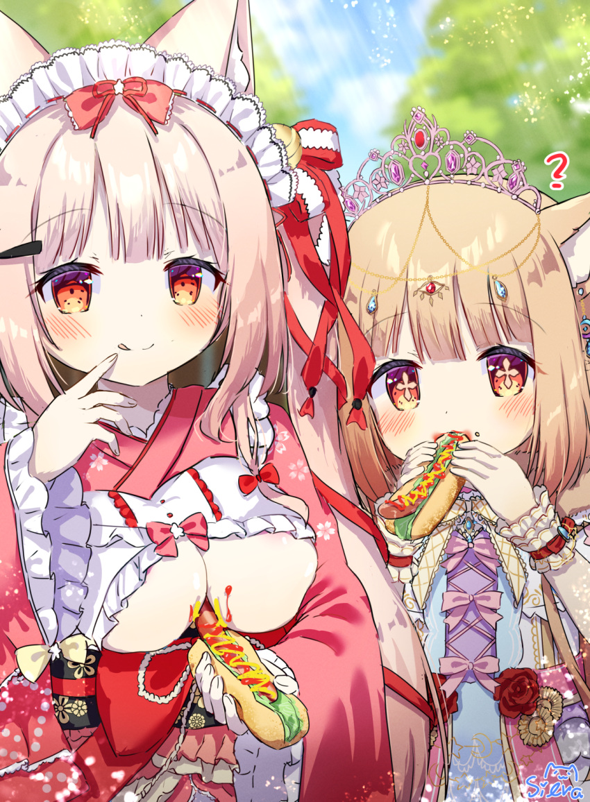2girls ? animal_ear_fluff animal_ears bell blurry blurry_background bow breasts cleavage cleavage_cutout clothing_cutout copyright_request cross-shaped_pupils day depth_of_field eating food food_on_body food_on_breasts food_on_face frilled_sleeves frills hair_bell hair_bow hair_ornament hairclip highres holding holding_food hot_dog japanese_clothes kimono light_brown_hair long_sleeves looking_at_viewer maid_headdress medium_breasts multiple_girls outdoors red_bow red_eyes red_kimono sexually_suggestive siera_(sieracitrus) signature tiara underboob wide_sleeves wrist_cuffs