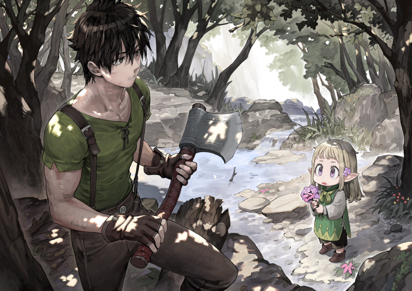 1boy 1girl axe black_hair blonde_hair child commentary_request elf fingerless_gloves flower forest gloves hair_between_eyes hair_flower hair_ornament harten_sieg_filbrio highres holding holding_axe holding_flower jun_(seojh1029) log medium_hair nature original outdoors pants pointy_ears red_shirt rock shirt short_hair short_sleeves stream suspenders tree water