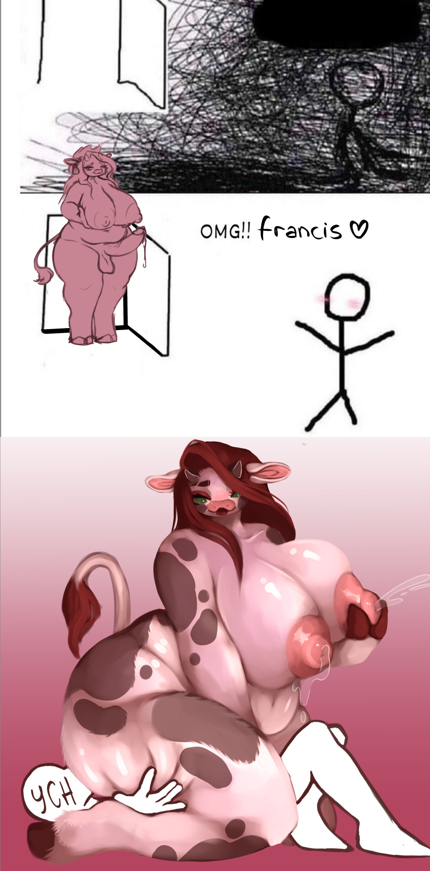 absurd_res anthro big_breasts big_nipples bodily_fluids bovid bovine breast_milking breasts butt_in_face cattle chubby_belly chubby_female duo ears_down facesitting female fur genitals hi_res hooves horn intersex intersex/female lactating mammal mane mature_female nipples oral penis pivoted_ears semi_realism size_difference tail white_body white_fur