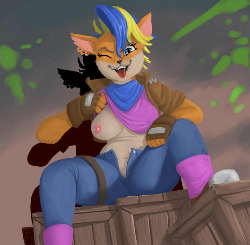 activision anthro blandy_(artist) bottomwear clothing crash_bandicoot_(series) denim denim_clothing female flashing flashing_breasts hi_res jeans nipples one_eye_closed pants piercing pirate_tawna sitting solo video_games vrate wink