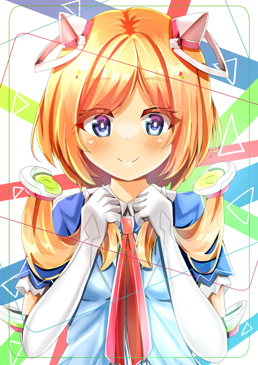 1girl absurdres aki_rosenthal bangs blonde_hair blue_jacket blush bob_cut detached_hair elbow_gloves gloves highres hololive houjun_dashi jacket long_hair low_twintails necktie parted_bangs purple_eyes red_necktie short_hair short_sleeves smile solo twintails two-tone_dress virtual_youtuber white_gloves