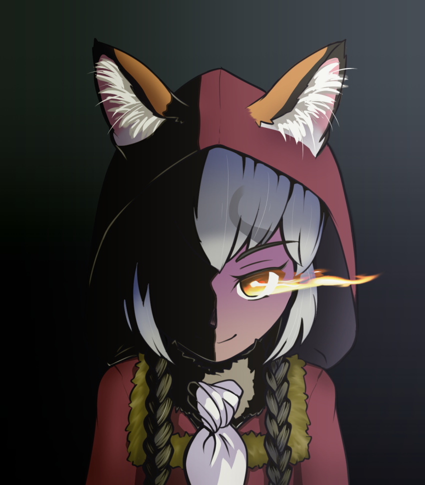 1girl animal_costume animal_ear_fluff animal_ears coat extra_ears fox_ears fox_girl glowing glowing_eyes grey_hair highres hood hoodie island_fox_(kemono_friends) kemono_friends kemono_friends_v_project long_hair looking_at_viewer necktie nokemono-san_(bocchi_friend) robot shimahairobo simple_background smile solo virtual_youtuber yellow_eyes