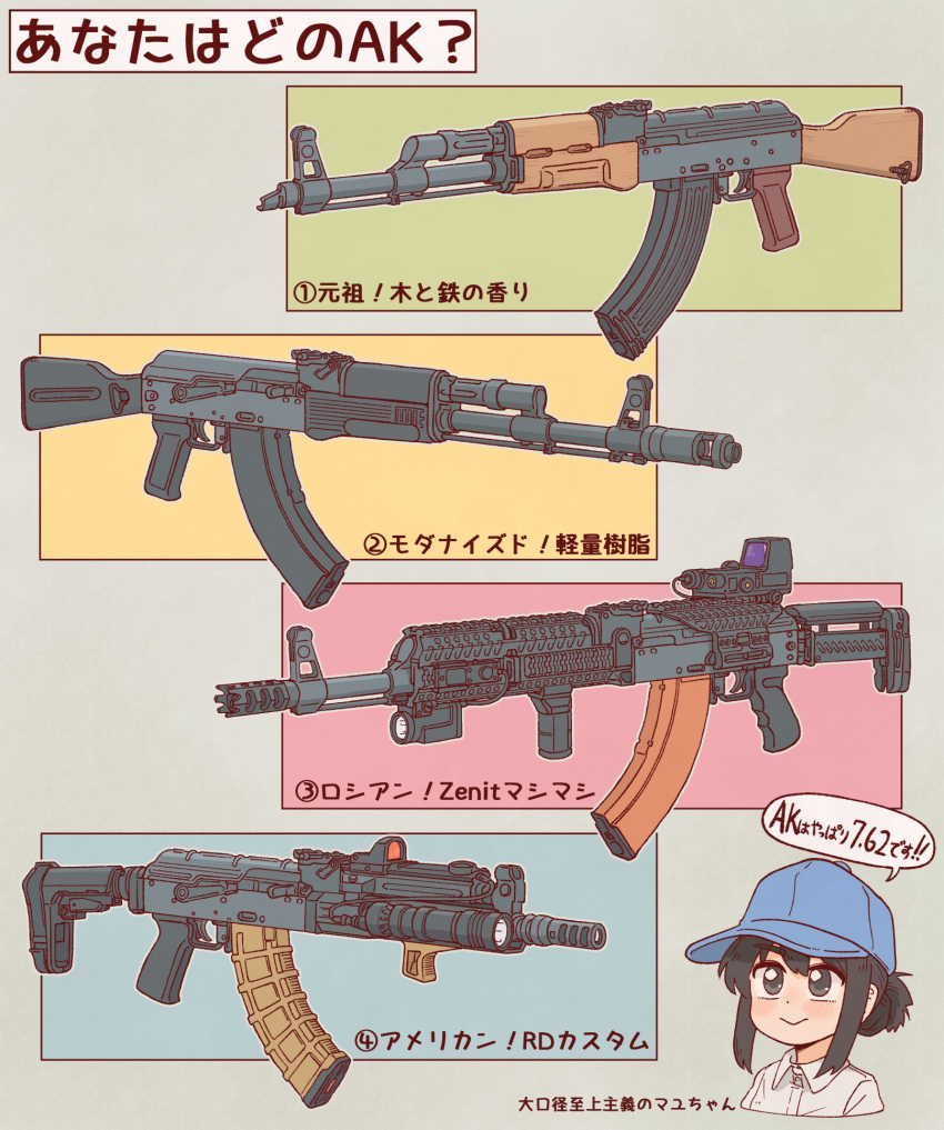 1girl ak-47 akm assault_rifle bangs baseball_cap black_hair blue_headwear bocchi-ya-nawi check_translation closed_mouth collared_shirt commentary_request cropped_torso dress_shirt grey_background grey_eyes gun hair_between_eyes hat highres kalashnikov_rifle original rifle shirt sidelocks smile solo translation_request upper_body weapon weapon_request white_shirt