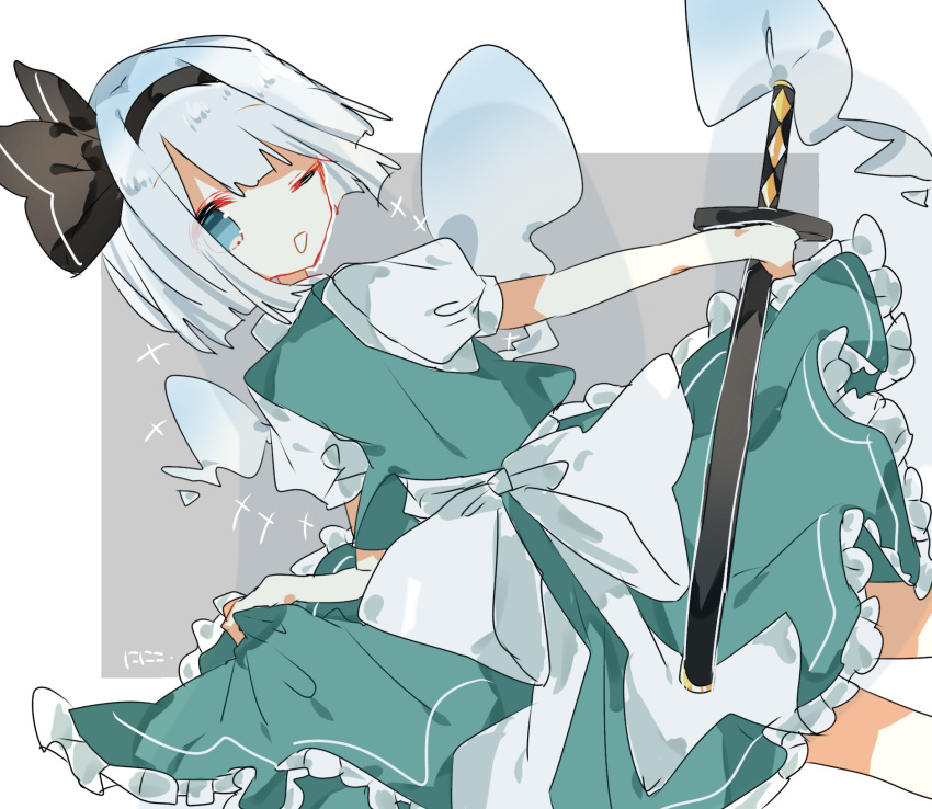 1girl ;d back black_hairband bob_cut bow dutch_angle ghost green_eyes green_skirt green_vest hairband highres hitodama holding holding_sword holding_weapon konpaku_youmu konpaku_youmu_(ghost) looking_at_viewer looking_back nishiki1225 one_eye_closed open_mouth puffy_short_sleeves puffy_sleeves scabbard sheath shining shirt short_hair short_sleeves signature simple_background skirt smile solo sword touhou vest wakizashi weapon white_background white_bow white_hair white_shirt