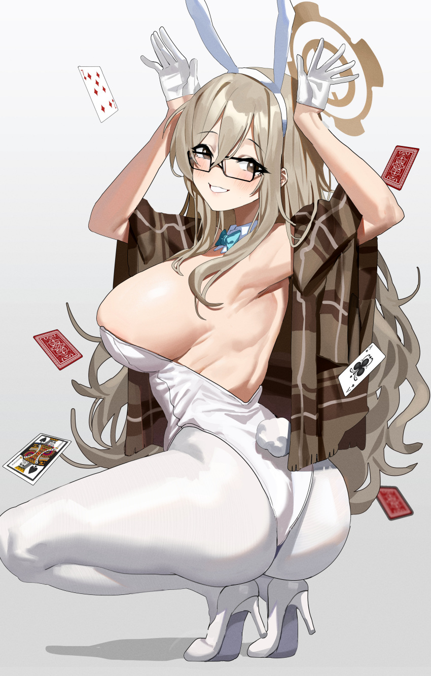 1girl absurdres akane_(blue_archive) akane_(bunny)_(blue_archive) animal_ears armpits arms_up ass bangs bare_shoulders blue_archive blush bow bowtie breasts brown_eyes bunny_pose card detached_collar fake_animal_ears fake_tail feipin_zhanshi glasses gloves gradient gradient_background grey_background hair_between_eyes halo high_heels highleg highleg_leotard highres holding holding_card large_breasts leotard light_brown_hair long_hair looking_at_viewer paid_reward_available pantyhose plaid_shawl playboy_bunny playing_card rabbit_ears rabbit_tail shawl side-tie_leotard smile solo squatting strapless strapless_leotard tail white_gloves white_leotard
