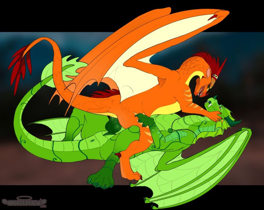 2022 ambiguous_penetration angellsview3 anus biped cowgirl_position digital_media_(artwork) dragon duo erection female female_penetrated feral feral_on_feral feral_penetrated feral_penetrating feral_penetrating_feral from_front_position genitals green_body green_penis green_scales hi_res horn knot leafwing_(wof) lying male male/female male_penetrating male_penetrating_female membrane_(anatomy) membranous_wings on_back on_bottom on_top orange_body orange_scales penetration penis scales scalie sex western_dragon wings wings_of_fire yellow_body yellow_scales