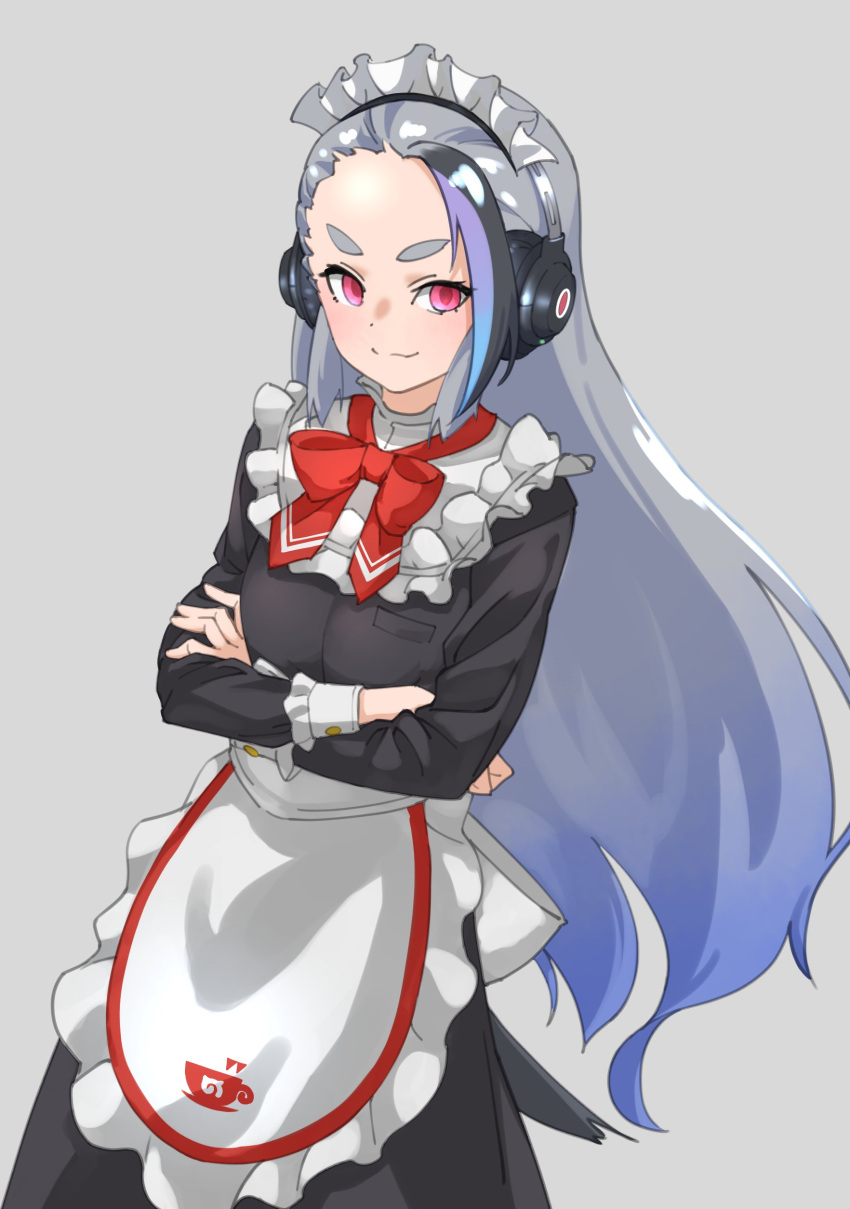 1girl absurdres alternate_costume apron back_bow black_dress black_hair blue_hair bow bowtie collar commentary_request cowboy_shot crossed_arms dress enmaided forehead frilled_apron frilled_collar frilled_sleeves frills giant_penguin_(kemono_friends) grey_hair headphones high_collar highres kemono_friends kemono_friends_3 long_dress long_hair long_sleeves looking_at_viewer maid maid_headdress multicolored_hair official_alternate_costume penguin_girl purple_hair red_bow red_bowtie red_eyes sleeve_cuffs solo tanabe_(fueisei) white_apron