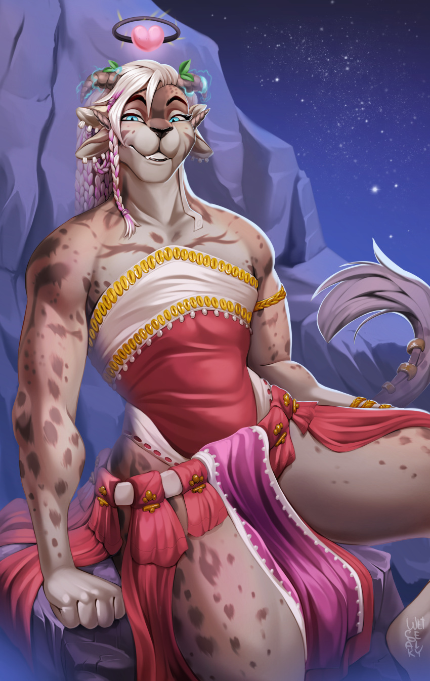 &lt;3 2022 4_ears 4_horns absurd_res accessory anthro arm_cuff blonde_hair boulder bracelet brachioradialis braided_hair charr clothed clothing costume detailed_background digital_media_(artwork) ear_piercing eyebrows eyelashes eyelashes_through_hair faded fading felid female fist fluffy fluffy_tail front_view fur furgonomics glistening glistening_eyes glowing gold_(metal) gold_jewelry guild_wars hair halo hi_res horn horn_accessory jewelry looking_at_viewer mammal multi_ear multi_horn multicolored_hair night night_sky piercing portrait raised_tail rock sitting sitting_on_rock smile smirk snout solo space spots spotted_arms spotted_body spotted_fur spotted_legs spread_legs spreading star tail_accessory tail_tuft teeth teeth_showing three-quarter_portrait translucent translucent_hair tuft video_games wetsealky wrinkles_in_clothes