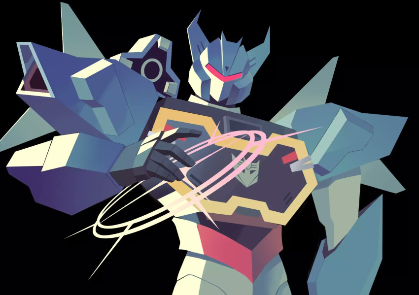 assault_visor black_background decepticon english_commentary frostedmirror highres looking_at_viewer mecha no_lineart open_hand robot science_fiction shoulder_cannon solo soundwave_(transformers) transformers transformers:_earth_spark upper_body