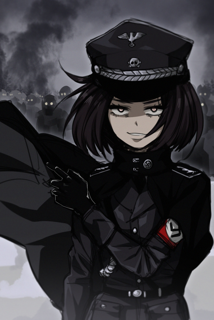 1girl black_gloves black_hair cape gloves glowing glowing_eyes grin hat highres multiple_boys nazi original peaked_cap saki_(c_ybrbnby) sanpaku schutzstaffel short_hair skull_and_crossbones smile swastika wehrmacht yellow_eyes