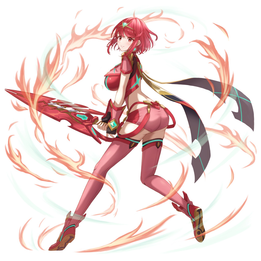 absurdres aegis_sword_(xenoblade) bangs black_gloves breasts chest_jewel earrings fingerless_gloves gem gloves headpiece highres jewelry large_breasts pyra_(xenoblade) red_eyes red_hair red_shorts short_hair short_shorts shorts swept_bangs sword taro_(peach_taro51) thighhighs tiara weapon xenoblade_chronicles_(series) xenoblade_chronicles_2