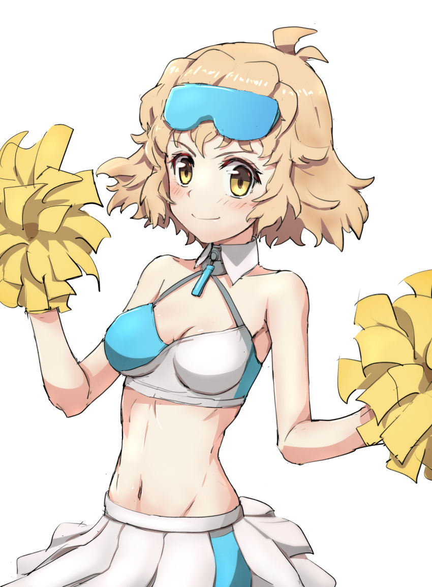 1girl bare_shoulders blue_archive blush breasts brown_eyes brown_hair cheerleader cleavage closed_mouth collarbone commentary_request cosplay goggles goggles_on_head groin hands_up hibiki_(blue_archive) hibiki_(blue_archive)_(cosplay) hibiki_(cheerleader)_(blue_archive) highres holding looking_at_viewer medium_breasts name_connection navel pleated_skirt pom_pom_(cheerleading) senki_zesshou_symphogear simple_background skirt smile solo suzunarisakuya tachibana_hibiki_(symphogear) white_background white_skirt