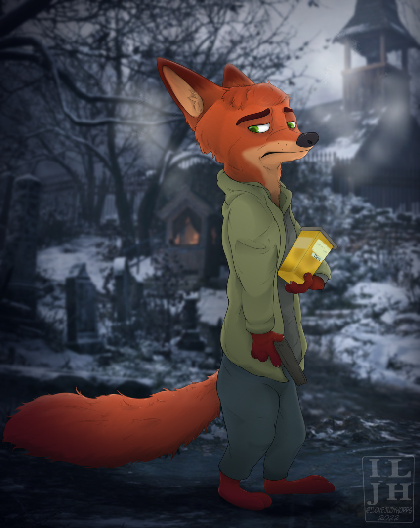 2022 anthro butt canid canine capcom clothed clothing cosplay disney fox gun hi_res ilovejudyhopps male mammal nick_wilde ranged_weapon resident_evil solo video_games weapon zootopia