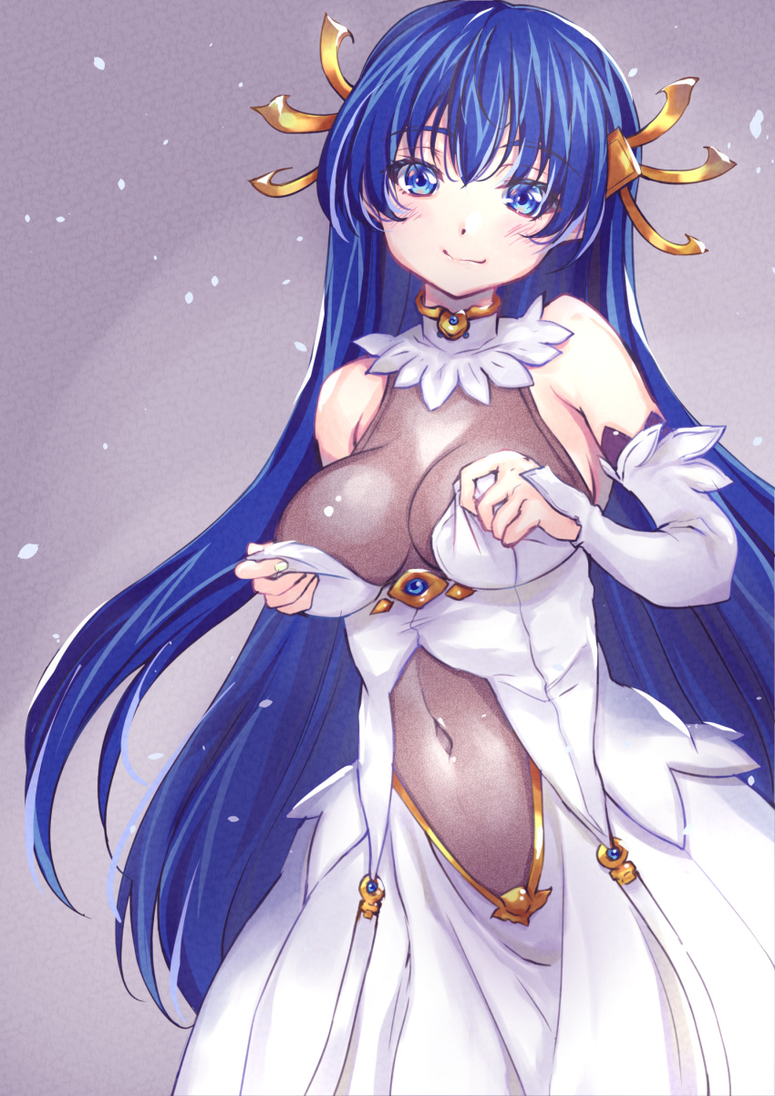 1girl bangs bare_shoulders black_border blue_eyes blue_hair border breasts cleavage commentary_request covered_navel detached_sleeves dot_nose dress forehead gold_trim gradient gradient_background hair_ornament highres large_breasts lia_parapara_leazas long_hair looking_at_viewer rance_(series) simple_background solo white_dress white_sleeves wochi