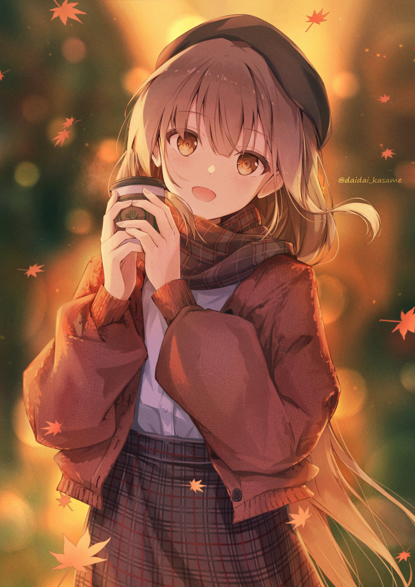 1girl :d absurdres autumn_leaves bangs black_headwear blurry blurry_background blush brown_eyes brown_hair brown_scarf brown_skirt cardigan coffee commentary cowboy_shot cup daidai_(daidai826) disposable_cup dot_nose drink falling_leaves hat highres holding holding_drink leaf long_hair long_sleeves looking_at_viewer open_cardigan open_clothes open_mouth original plaid plaid_scarf plaid_skirt puffy_long_sleeves puffy_sleeves red_sweater scarf shirt shirt_tucked_in sidelocks skirt smile solo starbucks sweater symbol-only_commentary twitter_username very_long_hair white_shirt