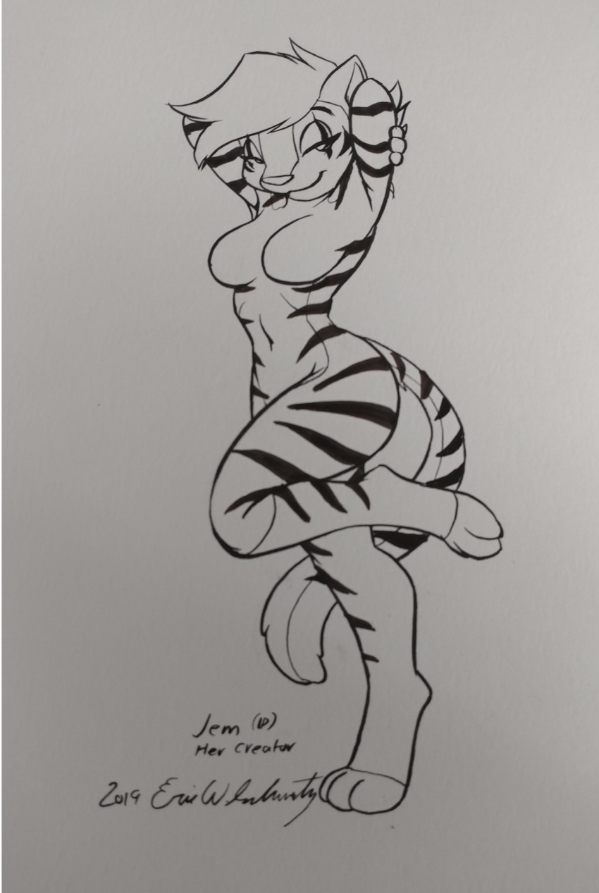 2019 3_toes anthro athletic athletic_female black_and_white breasts character_name digitigrade eric_schwartz feet felid female fur hair hi_res jem_(disambiguation) mammal markings monochrome nude pantherine paws pinup pose scar signature solo striped_markings stripes tiger toes traditional_media_(artwork)