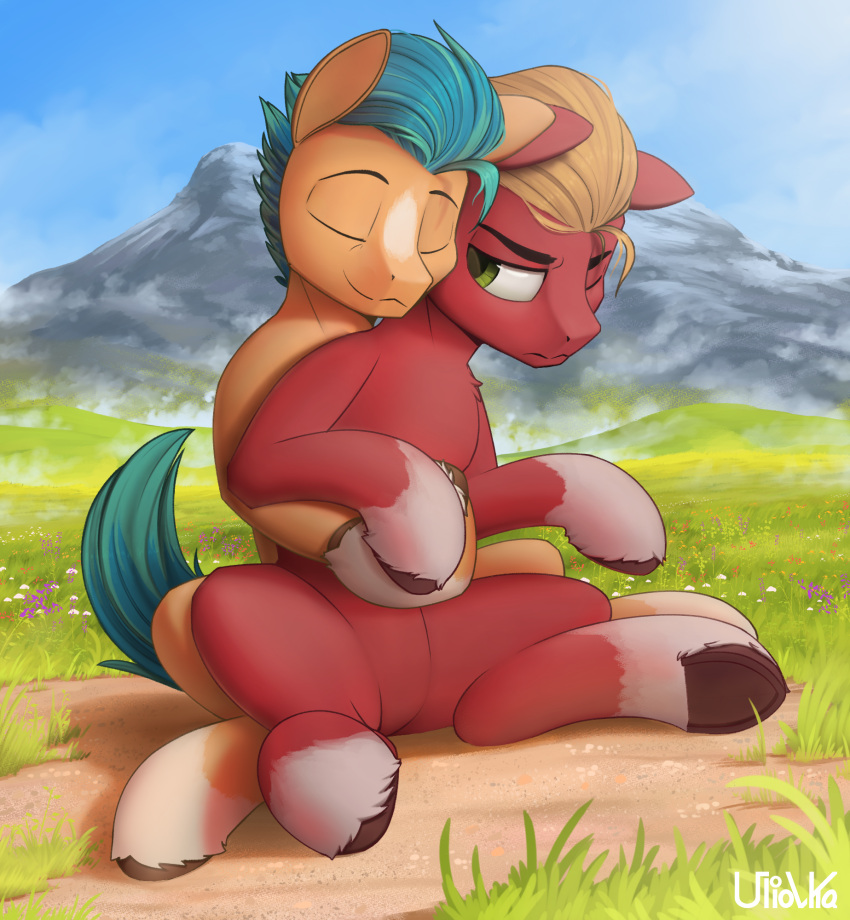 brown_hooves digital_media_(artwork) duo earth_pony embrace equid equine eyebrows feral fetlocks grass green_eyes green_hair green_mane green_tail hair hasbro hi_res hitch_trailblazer_(mlp) hooves horse hug male male/male mammal mane mlp_g5 mountain my_little_pony one_eye_closed plant pony red_body sitting smile sprout_cloverleaf_(mlp) tan_hair tan_mane uliovka underhoof yellow_body