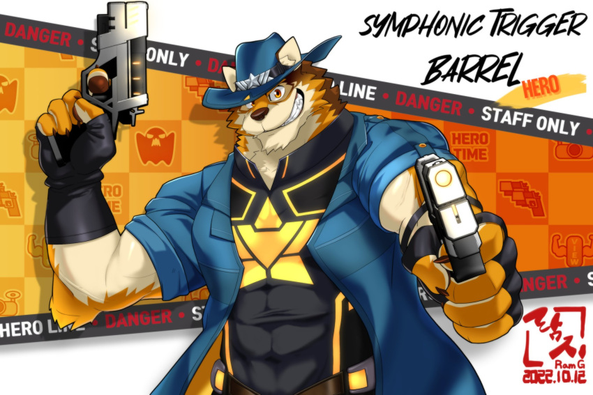 abs anthro barrel_(live-a-hero) bodysuit canid canine canis clothing cowboy_hat fingerless_gloves gloves grin gun handwear hat headgear headwear hi_res lifewonders live-a-hero male mammal muscular muscular_anthro muscular_male musfetman one_eye_closed pawpads pecs ranged_weapon skinsuit smile solo superhero tight_clothing video_games weapon wink wolf