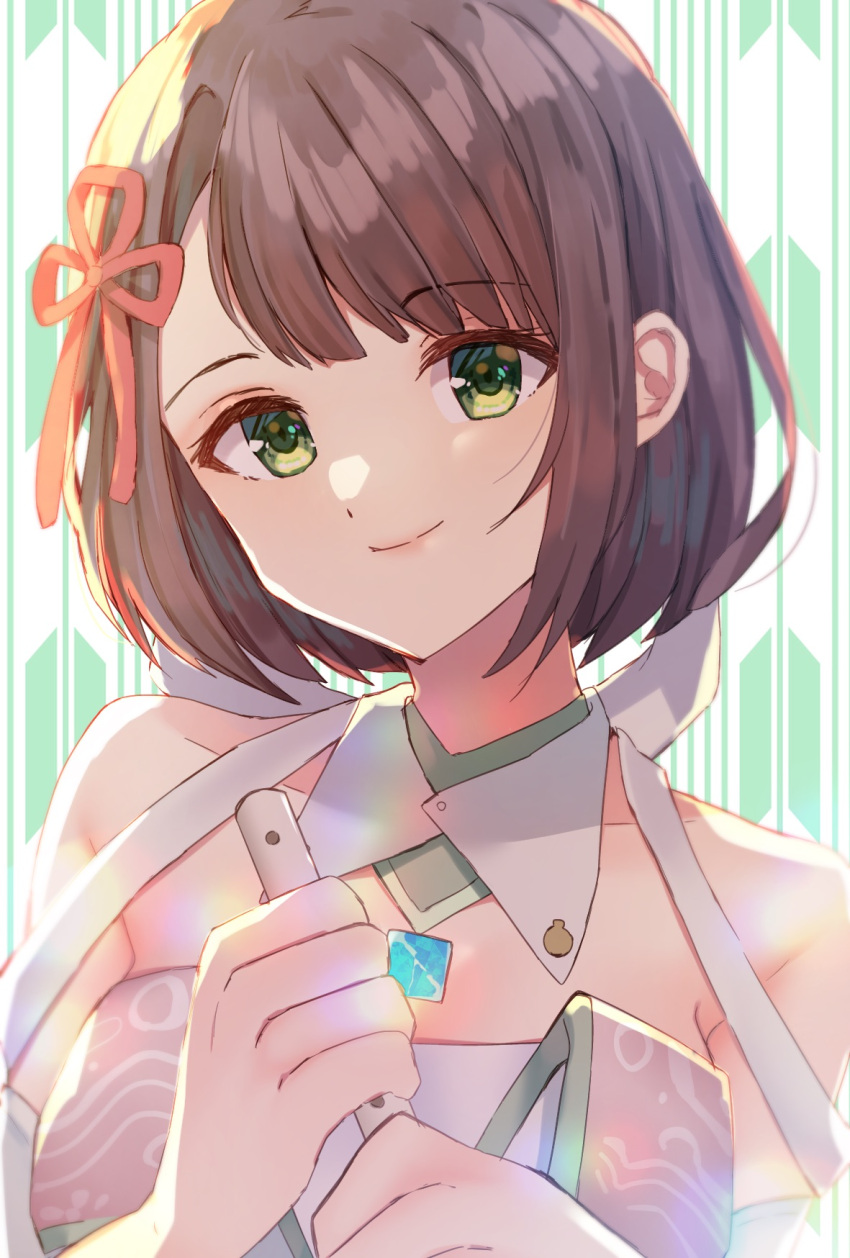 1girl bare_shoulders brown_hair closed_mouth collarbone edamameoka green_eyes hands_up head_tilt highres holding looking_at_viewer miyabi_(xenoblade) short_hair smile solo xenoblade_chronicles_(series) xenoblade_chronicles_3 yagasuri