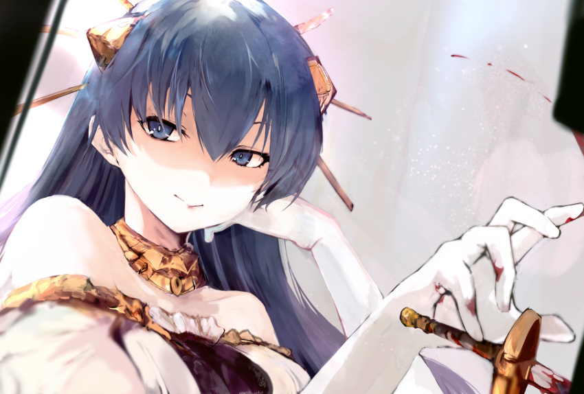 1girl agulo bare_shoulders blood blood_on_gloves blood_on_weapon blue_eyes blue_hair breasts collarbone commentary constricted_pupils detached_collar gloves hair_between_eyes hair_ornament hairpin hand_on_own_face highres lia_parapara_leazas long_hair looking_away off_shoulder rance_(series) rance_01 shaded_face shadow smile solo sword upper_body v-shaped_eyebrows weapon white_gloves