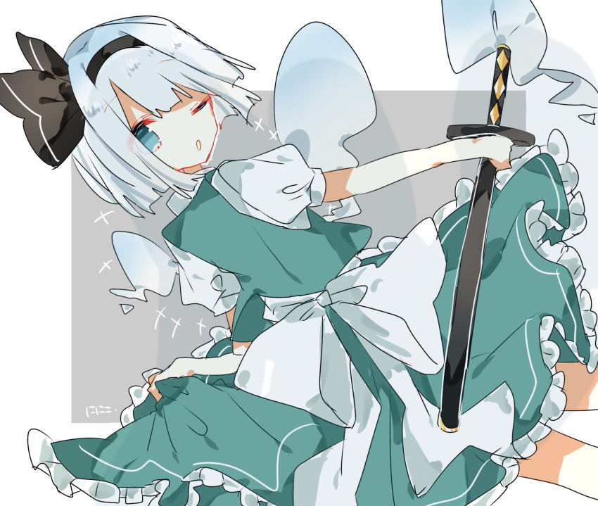 1girl ;o back black_hairband bob_cut bow dutch_angle ghost green_eyes green_skirt green_vest hairband highres hitodama holding holding_sword holding_weapon konpaku_youmu konpaku_youmu_(ghost) looking_at_viewer looking_back nishiki1225 one_eye_closed open_mouth puffy_short_sleeves puffy_sleeves scabbard sheath shining shirt short_hair short_sleeves signature simple_background skirt solo sword touhou vest wakizashi weapon white_background white_bow white_hair white_shirt