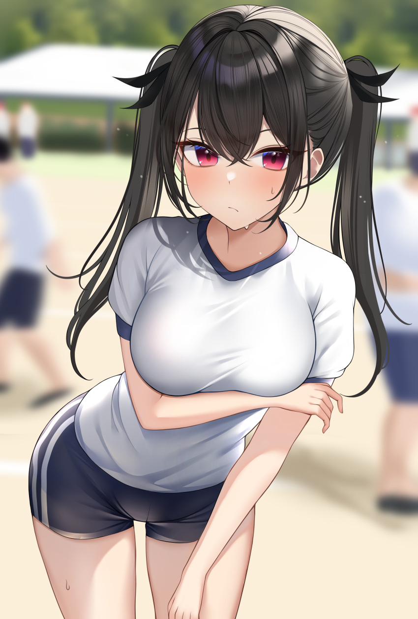 1girl absurdres arm_under_breasts bangs black_hair black_shorts blurry blurry_background blush breasts closed_mouth cowboy_shot crossed_bangs gym_uniform highres kaku_yone leaning_forward original outdoors red_eyes shirt shorts smile solo_focus standing sweat track_and_field twintails white_shirt