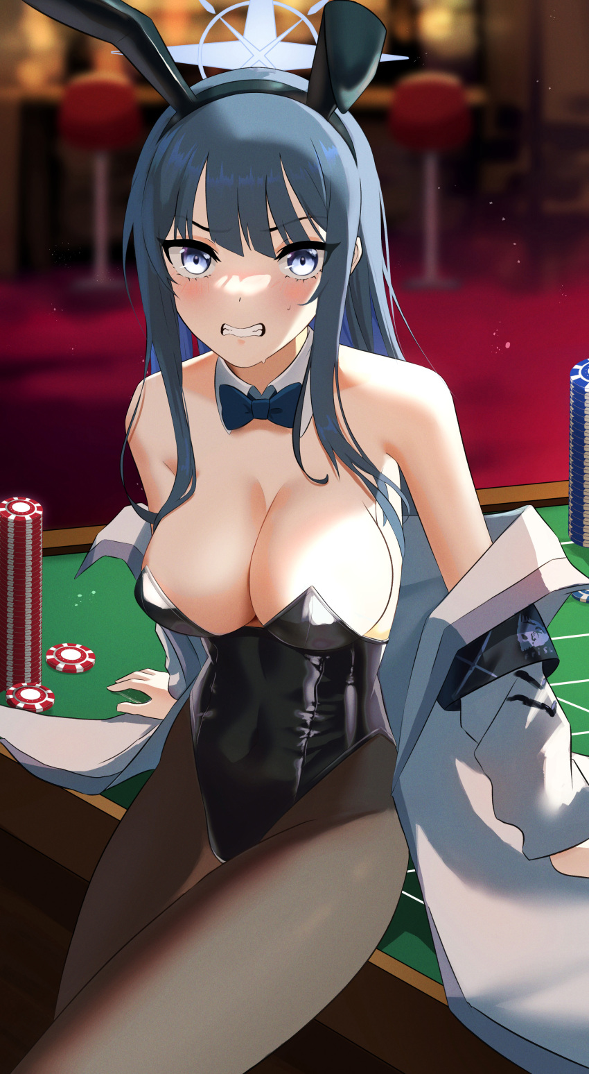 1girl absurdres animal_ears black_bow black_bowtie black_hair black_leotard black_pantyhose blue_archive blue_eyes bow bowtie breasts casino casino_card_table cleavage clenched_teeth cowboy_shot detached_collar halo highres indoors jacket large_breasts leotard long_hair looking_at_viewer pantyhose playboy_bunny rabbit_ears saori_(blue_archive) solo strapless strapless_leotard table teeth white_jacket ziz_(pandora707)