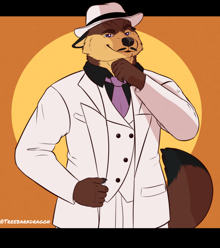 absurd_res anthro blazer canid canine clothing cosplay dress_shirt fox hat headgear headwear hi_res male mammal multicolored_body necktie portrait shirt smug solo suit topwear treebarkdragon vest waist_up