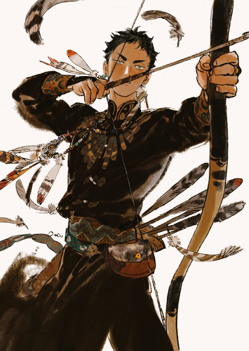 1boy akaashi_keiji arrow_(projectile) bangs bead_necklace beads belt belt_pouch black_hair black_pants blue_eyes bow_(weapon) bridal_gauntlets chengongzi123 cowboy_shot drawing_bow feather_necklace feathers haikyuu!! highres holding holding_bow_(weapon) holding_weapon jewelry long_sleeves looking_away necklace outstretched_arm pants pouch quiver short_hair simple_background solo standing weapon white_background