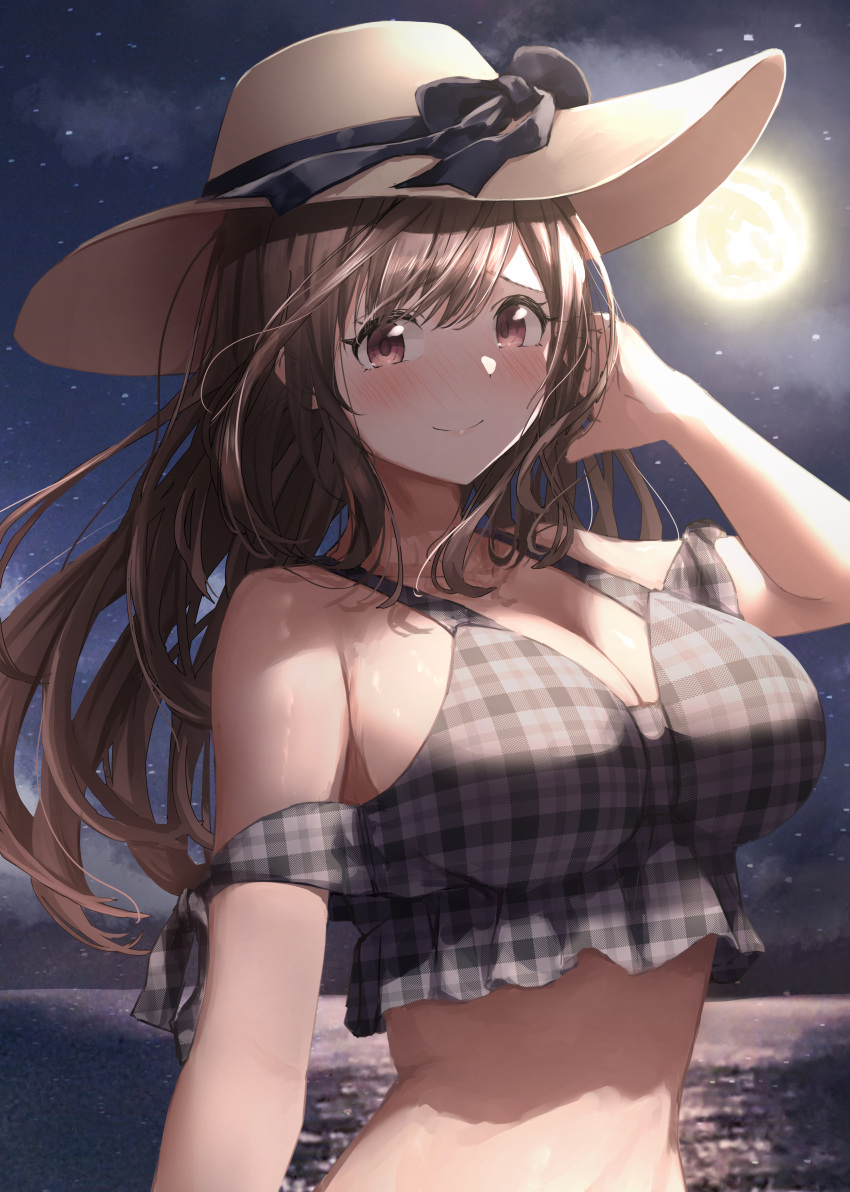 1girl absurdres arm_up bangs bare_shoulders bikini black_bikini black_bow blush bow breasts brown_eyes brown_hair brown_headwear cleavage closed_mouth full_moon hat hat_bow highres idolmaster idolmaster_shiny_colors large_breasts long_hair looking_at_viewer moon night night_sky outdoors plaid plaid_bikini sky smile solo sun_hat swimsuit tonguewasabi tsukioka_kogane upper_body water