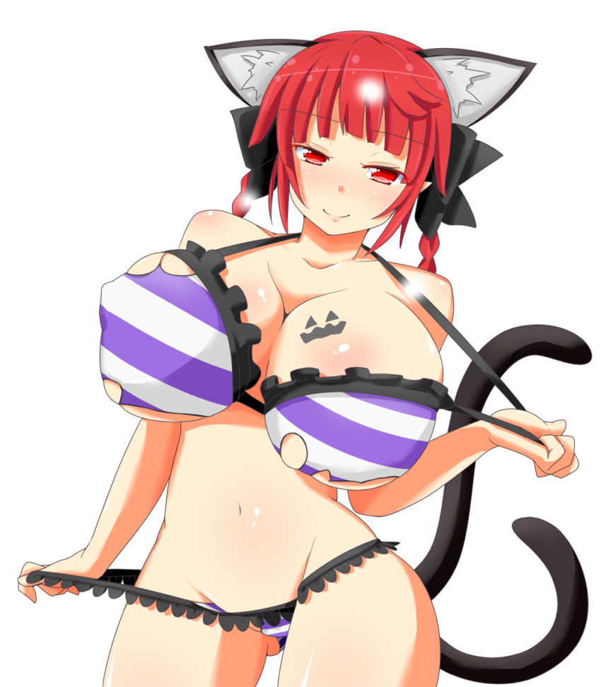 1girl animal_ears bikini bow bra braid breasts cat_cutout cat_ears cat_lingerie cat_tail clothing_cutout extra_ears highres himenomikan kaenbyou_rin meme_attire multiple_tails nekomata panties red_eyes red_hair solo striped striped_bikini striped_bra striped_panties swimsuit tail touhou two_tails underwear