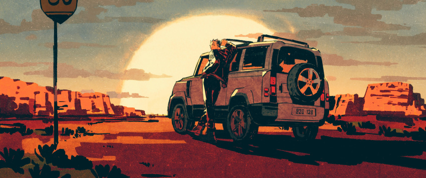 1boy absurdres arm_up black_hair black_pants bokuto_koutarou car chengongzi123 crossed_legs from_behind ground_vehicle haikyuu!! highres jacket leaning_to_the_side limited_palette looking_at_viewer male_focus motor_vehicle multicolored_hair outdoors pants road shoes short_hair sky solo spiked_hair streaked_hair sun sunset traffic_light twilight two-tone_hair white_hair wide_shot