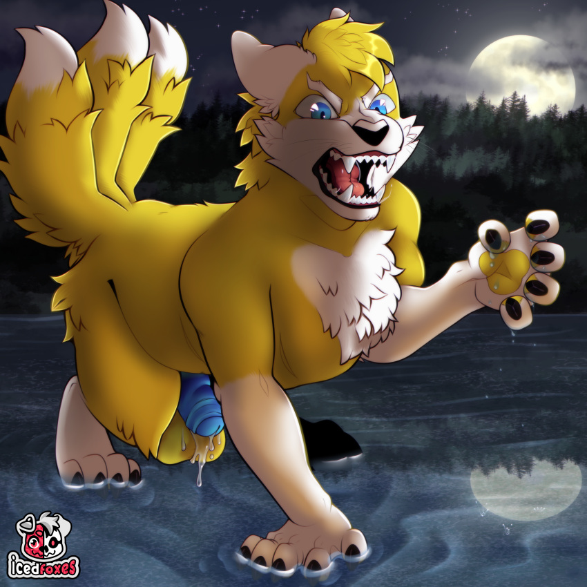 3_tails absurd_res akatosh angry anthro balls biceps big_balls big_penis blue_eyes bodily_fluids canid canine erection excessive_genital_fluids excessive_precum foreskin fox fur genital_fluids genitals glistening glistening_eyes hair hi_res humanoid_genitalia kingshiq male mammal multi_tail muscular muscular_male nude open_mouth pawpads paws penis precum snarling solo teeth were werecanid werecanine werefox werewolf white_body white_fur yellow_body yellow_fur