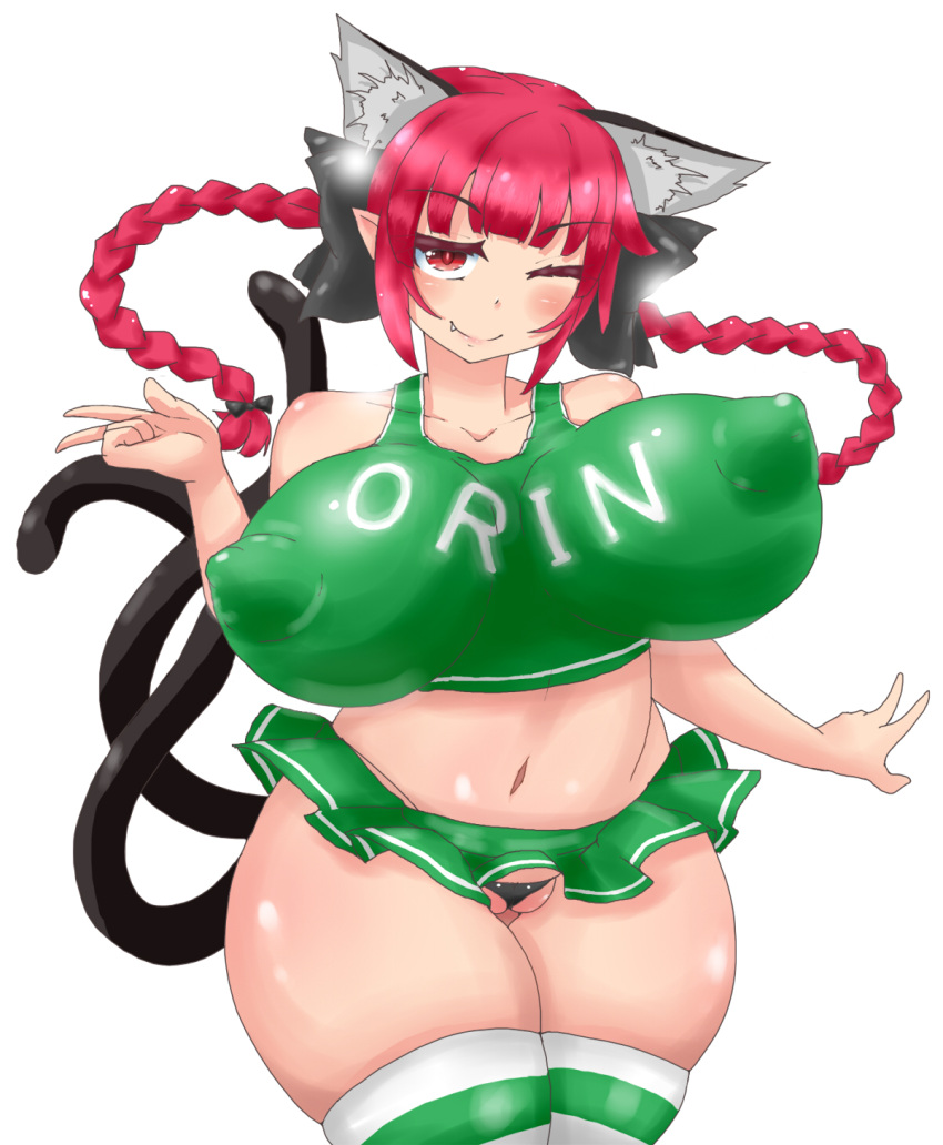 1girl ;) alternate_costume animal_ear_fluff animal_ears bangs blunt_bangs braid breasts cat_ears cat_tail character_name cheerleader closed_mouth clothes_writing covered_nipples cowboy_shot curvy fang green_panties green_skirt highres himenomikan huge_breasts kaenbyou_rin long_hair looking_at_viewer multiple_tails navel one_eye_closed panties red_eyes red_hair side_braids simple_background skindentation skirt smile solo standing tail thighhighs touhou twin_braids two_tails underwear w white_background