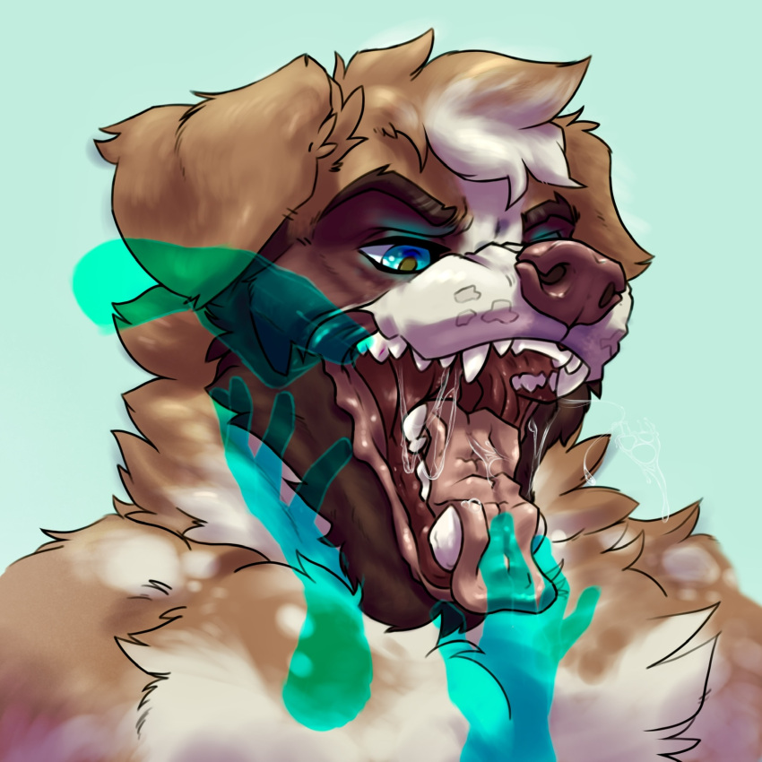 anthro bodily_fluids canid canine canis disembodied_hand domestic_dog floppy_ears ghost_hands glowing glowing_eyes hands_in_mouth hi_res male mammal molosser mountain_dog mouth_shot open_mouth saint_bernard saliva saliva_string snarling solo zack_longthorn