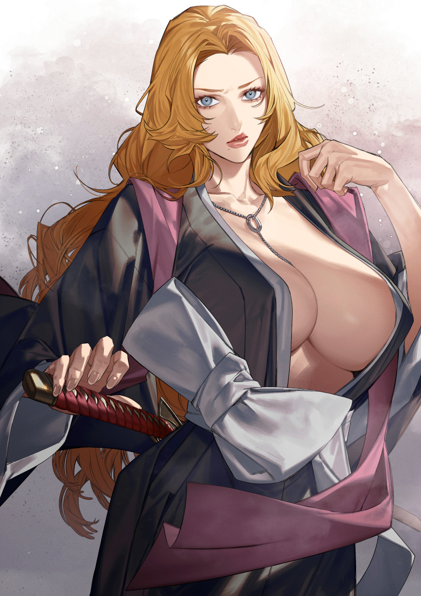 1girl absurdres bleach blue_eyes breasts cleavage frown haori highres japanese_clothes jewelry large_breasts light_frown lipstick long_hair long_sleeves looking_at_viewer makeup matsumoto_rangiku mole mole_under_mouth necklace orange_hair red_lips simple_background sokuse_kienta sword taichou_haori weapon wide_sleeves