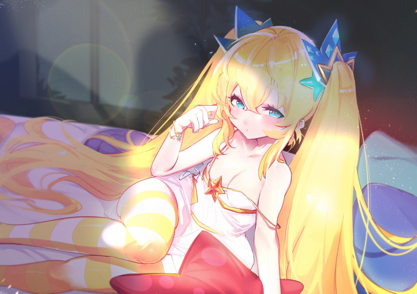 1girl bed blonde_hair blush breasts closed_mouth collarbone ejami feet_out_of_frame hair_ornament highres jewelry long_hair lying on_side solo star_(symbol) strap_slip striped twintails wild_girls window